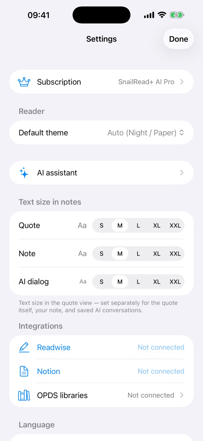 Theme and typography options in SnailRead
